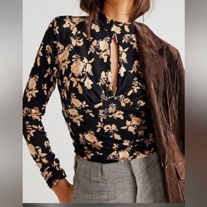 Free people Floral Keyhole Long-Sleeve Top - Black & Beige